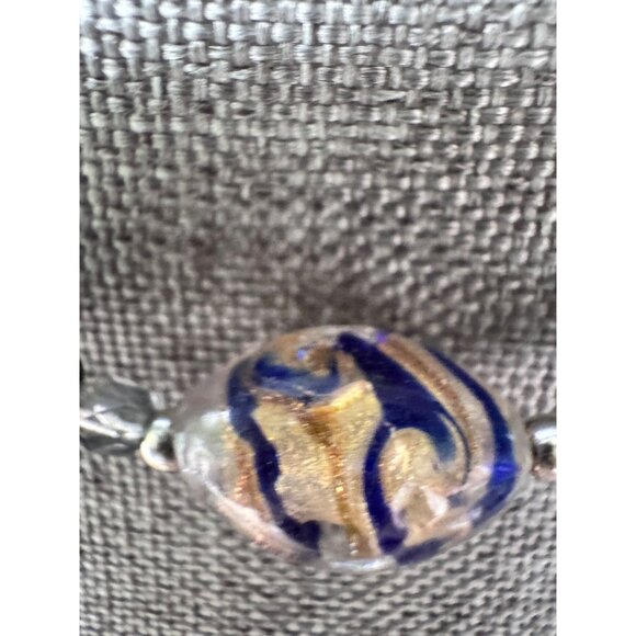 Handcrafted Glass Bead Necklace With Blue & Gold Swirl Accents On Adjustable Sil - Picture 2 of 8